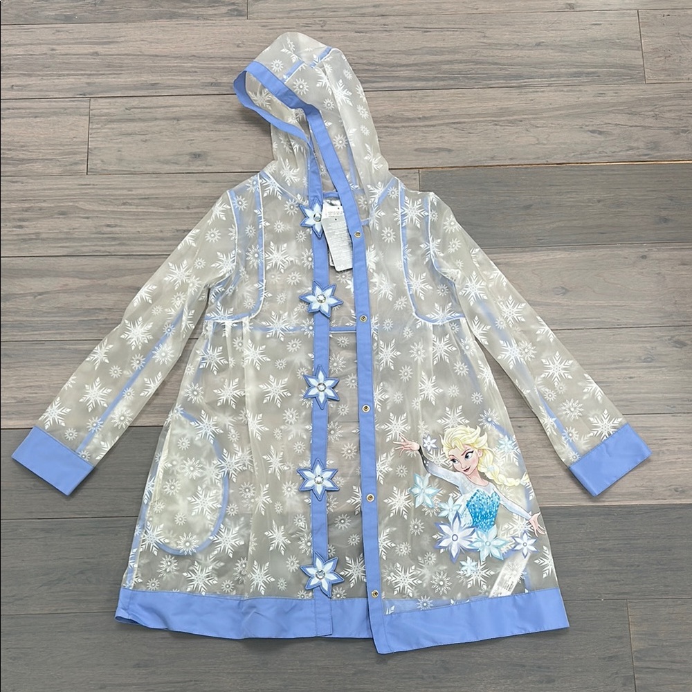 New NWT Disney Frozen Elsa Blue and White Snowflake Hooded Raincoat Sz 9 / 10